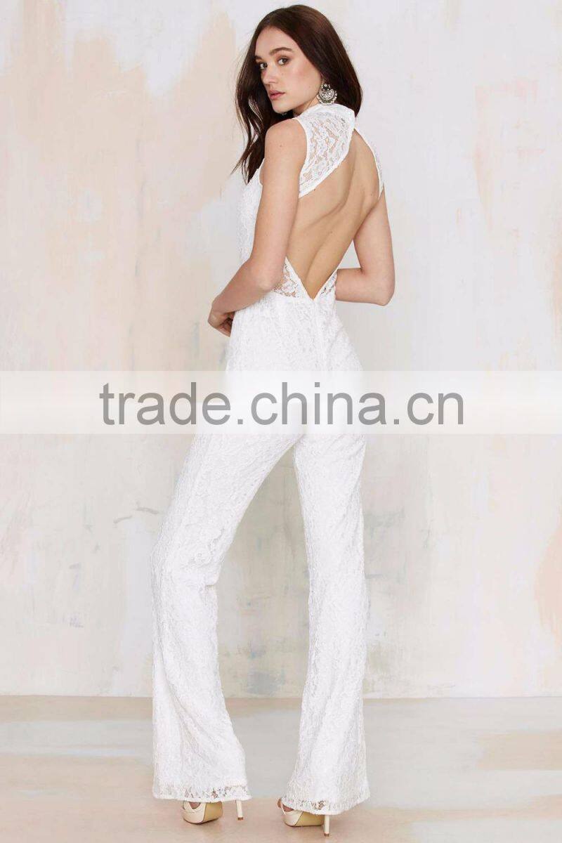 Elegant partially lined mock neck jumpsuit fashion back cutout onesie adult jumpsuit