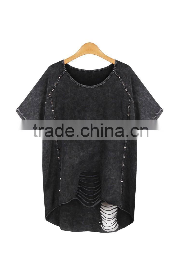 Women's hollowed-out short sleeve washed vintage 100% cotton t shirt with rivets