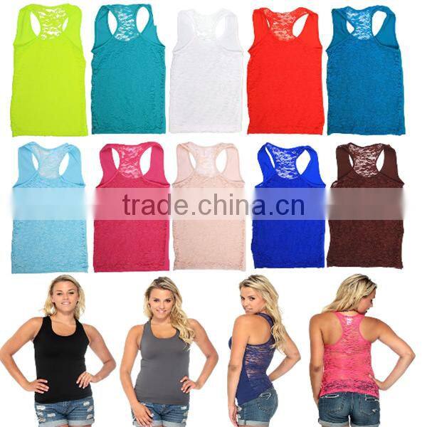 Women's Racerback Ribbed Tank Top Lace Back Basic Cami Solid Seamless Tee Shirt