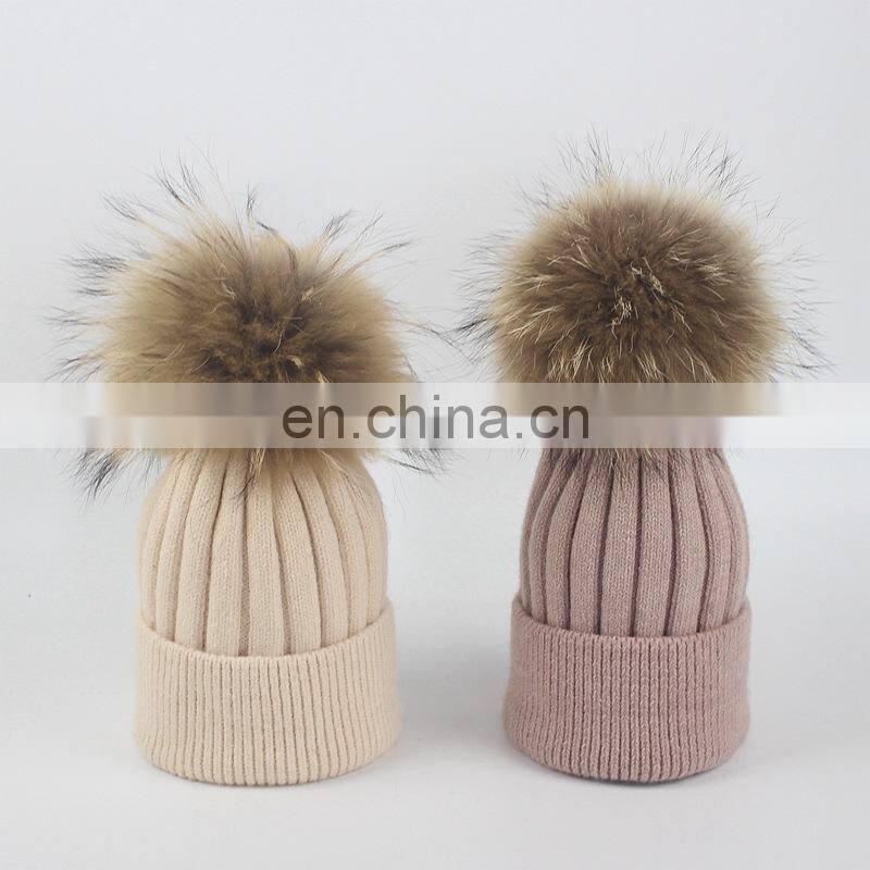 Top Quality Big Fur Pom Pom Kids Hats Raccoon Fur Balls Baby Knitted Hat