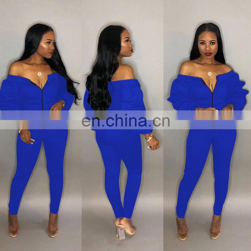 Clothing wholesale custom fashion trend strapless sexy jumpsuit zipper puff sleeve trousers plus size women's clothing