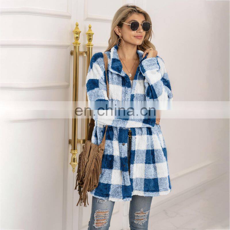2021 autumn and winter new European and American women's Amazon plush plaid long coat plush coat