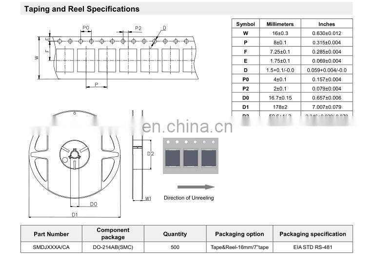 Ruilon Brand SMDJ48A SMD Transient Voltage Suppression Diode SMDJ Series 3000W 5V~440V