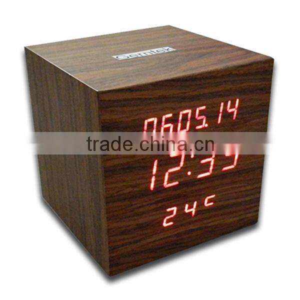 LED Digital Wooden Clock with Calendar, Radio, Bluetooth and Loudspeaker
