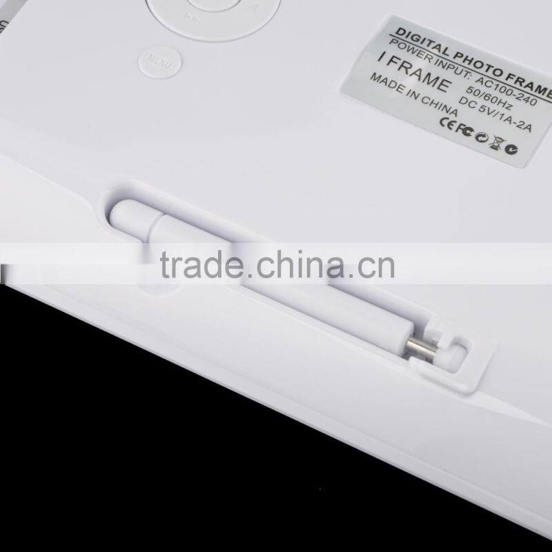 Shenzhen cheap 8 inch digital picture frames with clock, USB port and SD card slot