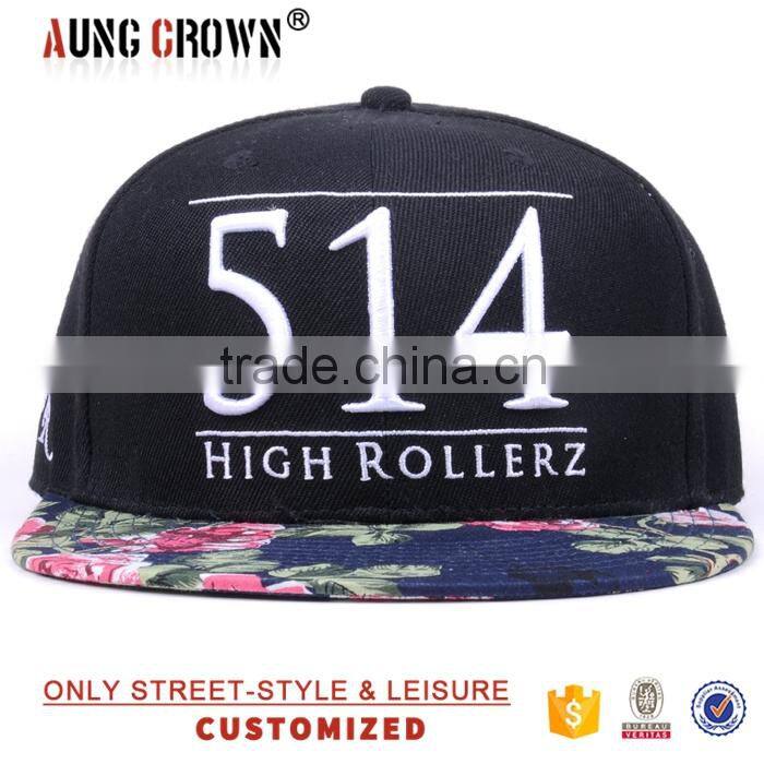 Fashion Custom 3d Embroidery Floral Bill Snapback Hat Wholesale