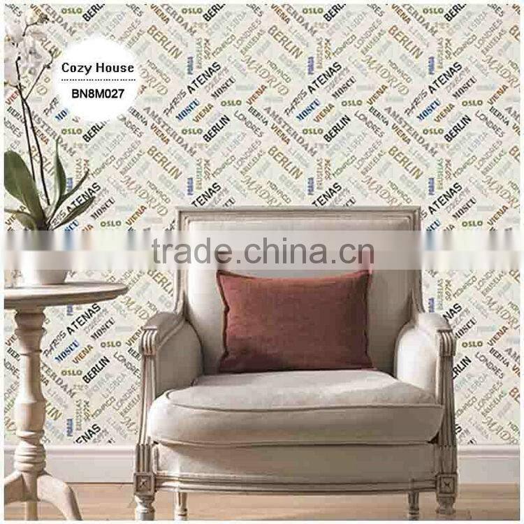printing pvc wallpaper, cream vintage letters wall paper for study room , fancy wallcovering dealer