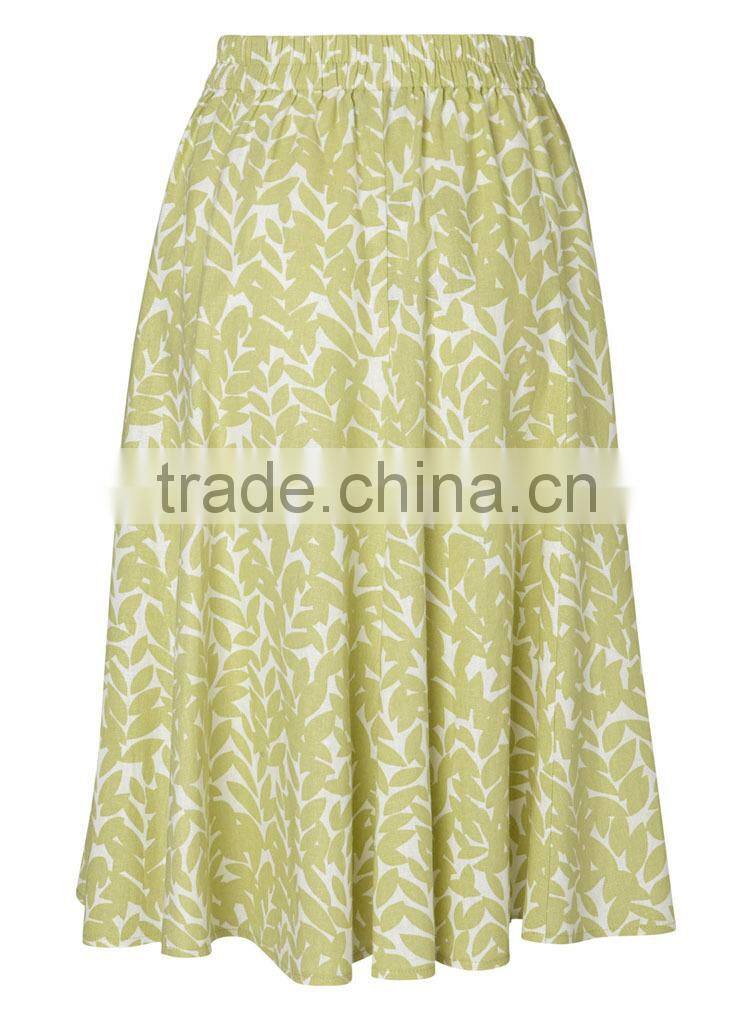 2015 Latest Women Fashion Linen Leaf Print Midi Skirt