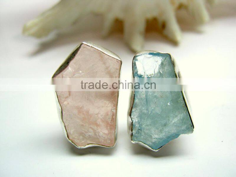 Ruby & Aquamarine Rough Natural Gemstones Rings, Matt Finish Adjustable Rings, 925 Solid Sterling Silver Rings