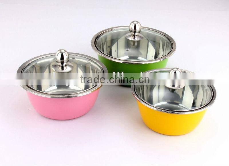 3 Pcs Stainles Steel Colorful Mixing Bowl with Glass Lid