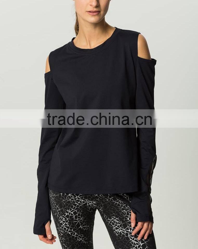 Ramax Custom Women Sport Black Crew Neck Long Sleeve Training T Shirt Tops