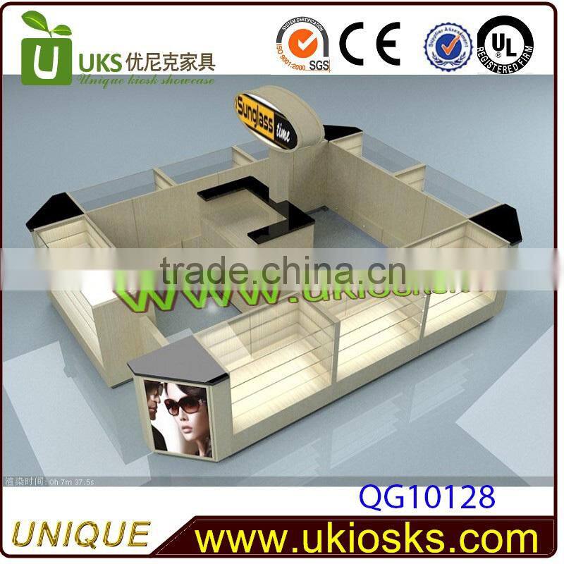 high quality and low price sunglasses display kiosk,modern glass display cabinets/stand/showcase commercial light