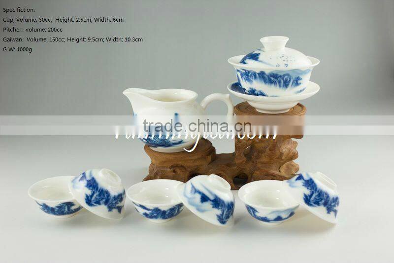 Blue Landscape Pu Er Teaware Set-1 Gaiwan, 1 Pitcher and 6 cups