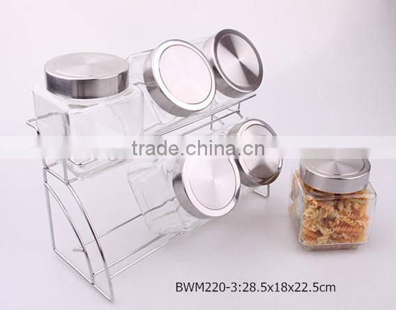 6pcs clear square glass jar set in a silver rack