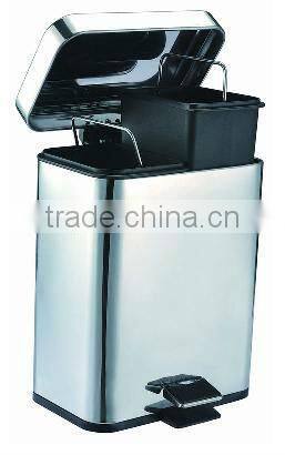 5L rectangular stainless steel foot pedal waste bin with two inner bins