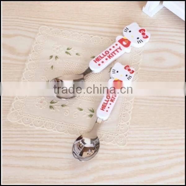 2015 hot sell cartoon food grade plastic handle stailess steel spoons supplier in China,food grade plastic spoons supplier