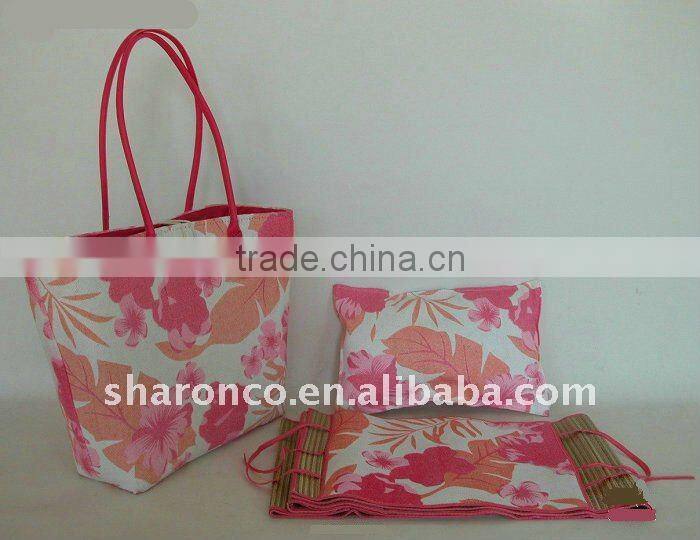 Candy strip paper straw fabric beach bag with handle