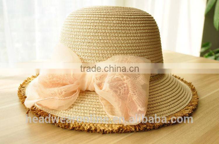 Summer Fashion Lace Bowknot Sun Protection Straw Hats China Factory
