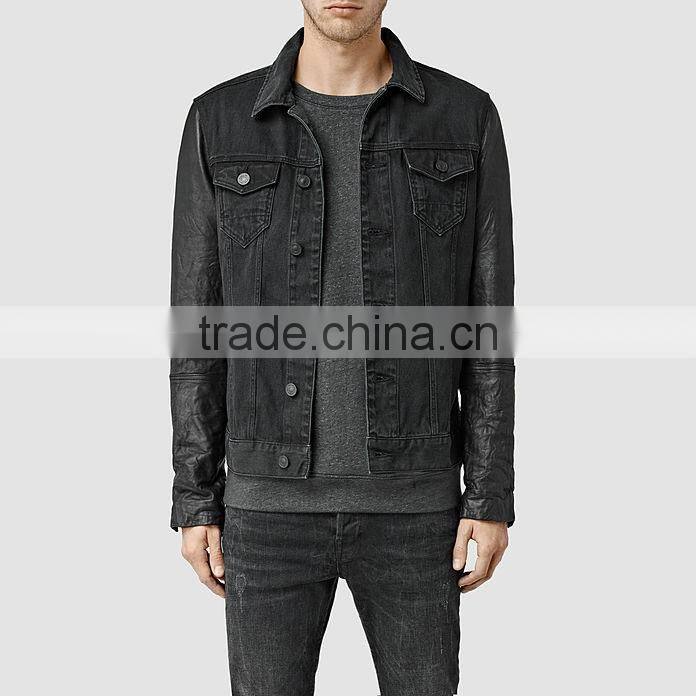 custom jacket leather sleeves mens plain denim jacket for men