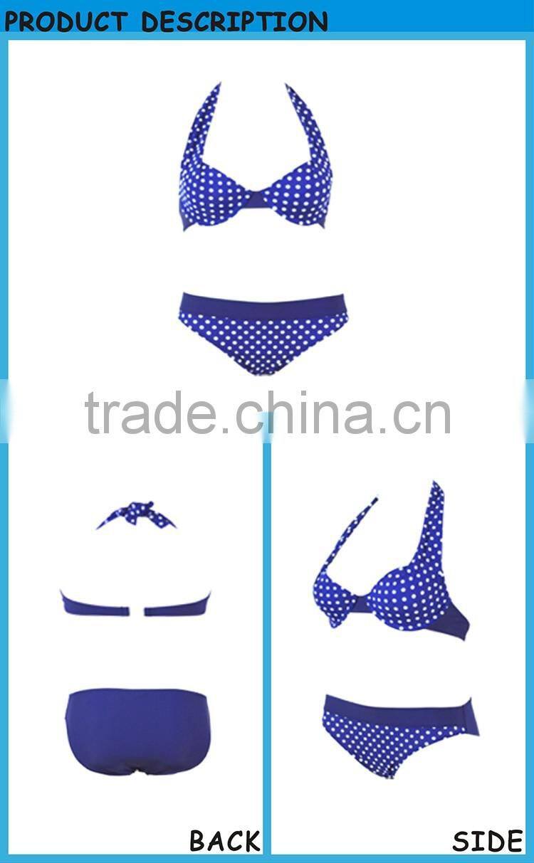 New Design High Solid Color Waist Blue Dot Sexy Girl Hot Bikini