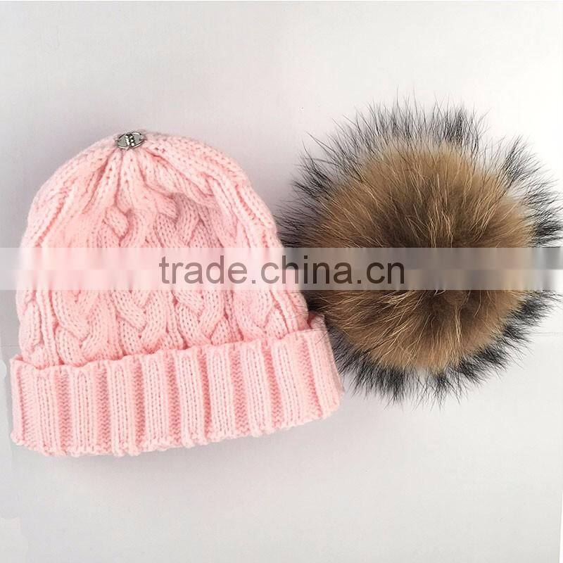 Myfur Fuzzy Big Raccoon Fur Bobble Cable Knit Hat Wholesale Girls Beanie
