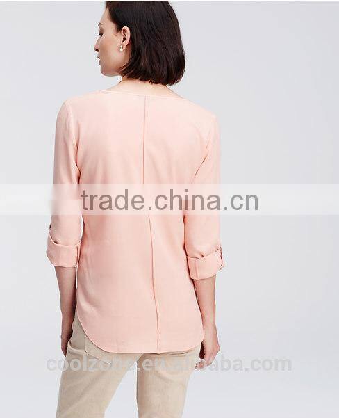 New fashion high quality crepe v neck long sleeve woman blouse