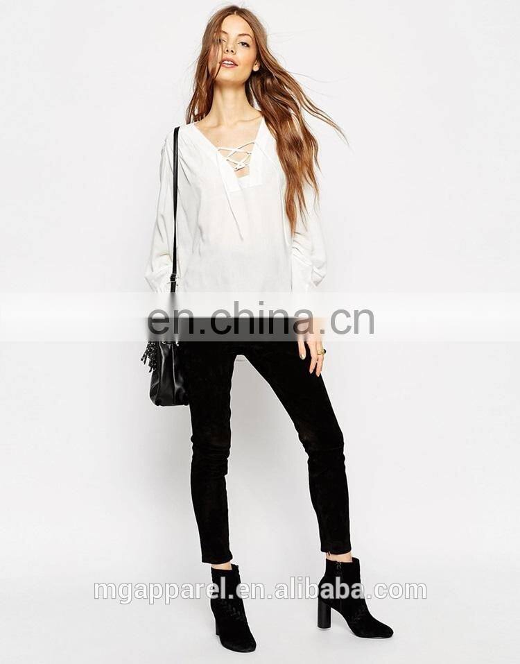 Wholesale Lace Up Folk fashion white long sleeve blouse for women