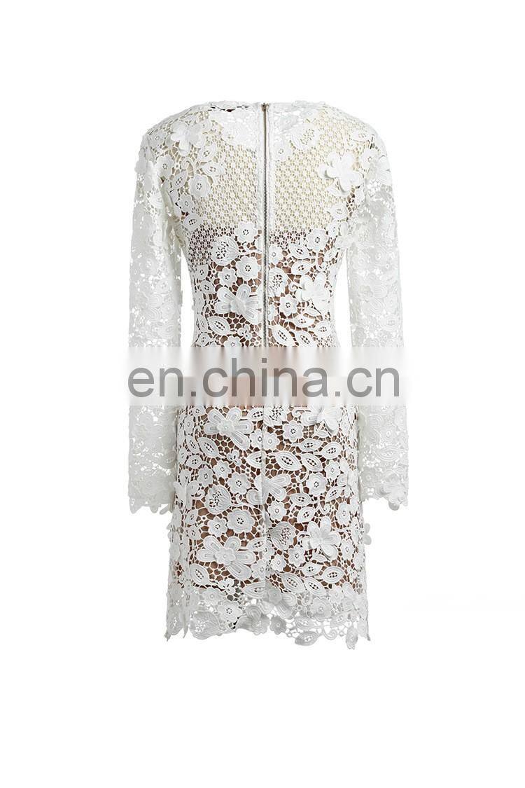 Casual Dresses Women Summer White Bodycon Floral Crochet Lace Long sleeve Sexy Mini Dress