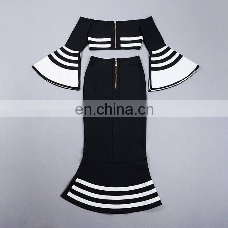 2017 new black and white strips navy style bandage dress 2pcs sets