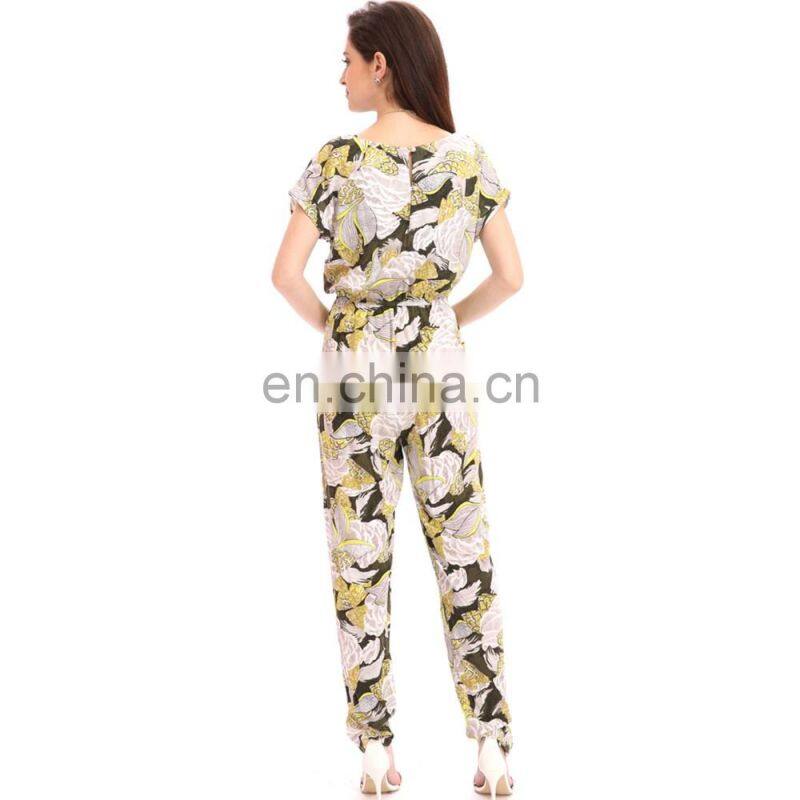 Korean Style Waist Ethnic Print Formal Office Ropa Mujer Jumpsuit For Middle Age Ladies