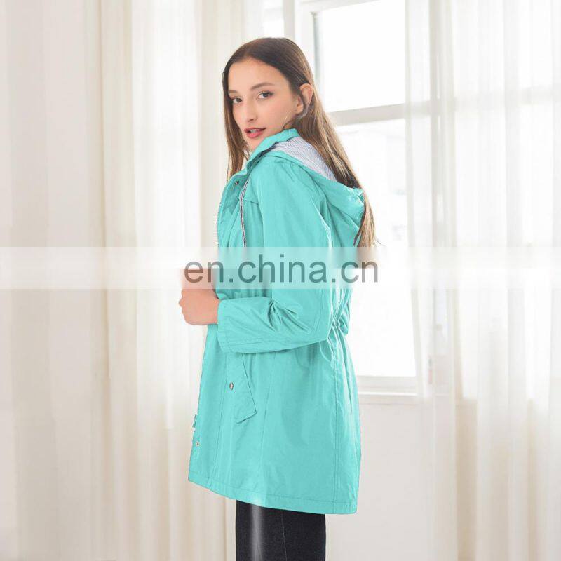 Wholesale Amazon burst casual waterproof waist hoodie female mid-autumn long raincoat ZIP jacket female