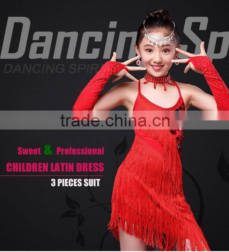 2016 Children Dance Skirt with Sleeves Sequins Latin Dresses Backless Fringe Children Latin Dance Dress for Girls Competition