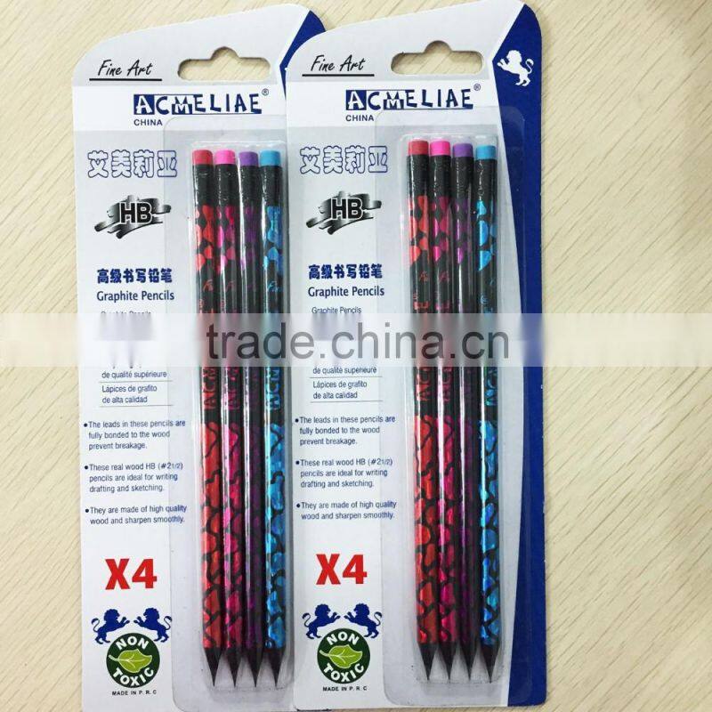 Standard size round shape black wood heat rolling laser HB pencil in blister card