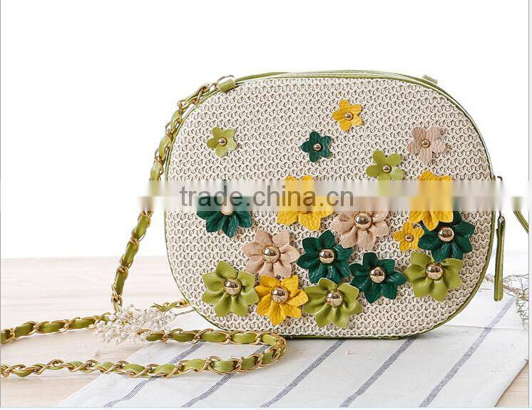2016 Ladies Paper straw with flower lady straw basket beach bag with string