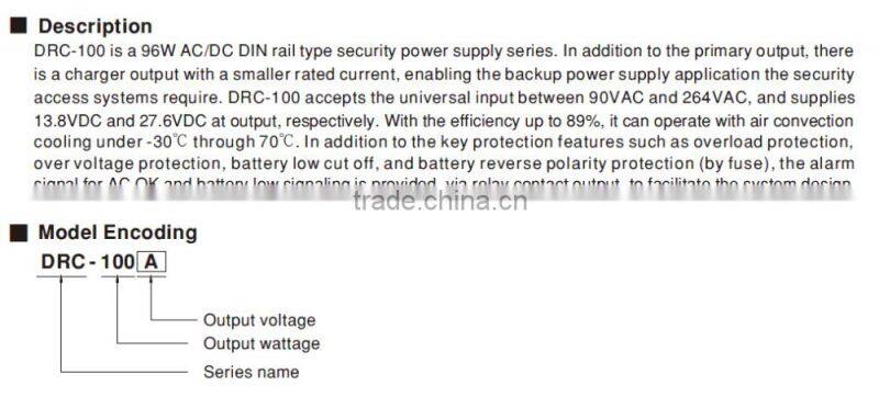 CE EMC approved meanwell drc-100a 100w 13.8v din rail uninterruptible power supply