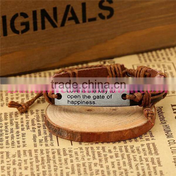 Vintage letters engraved with metal plate pu leather bracelet