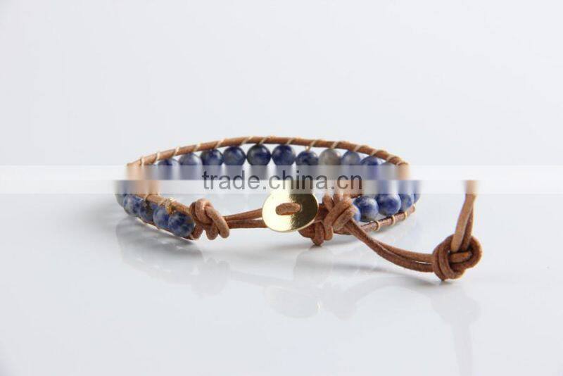 Newest popular white &blue stone leather bracelet woven lap 6 mm wear bracelet all hand needle for women chain bracelet