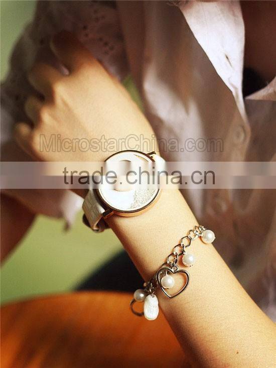 Elegant Women Quicksand Faux Leather Band Bracelet Round Dial Analog Wrist Watch