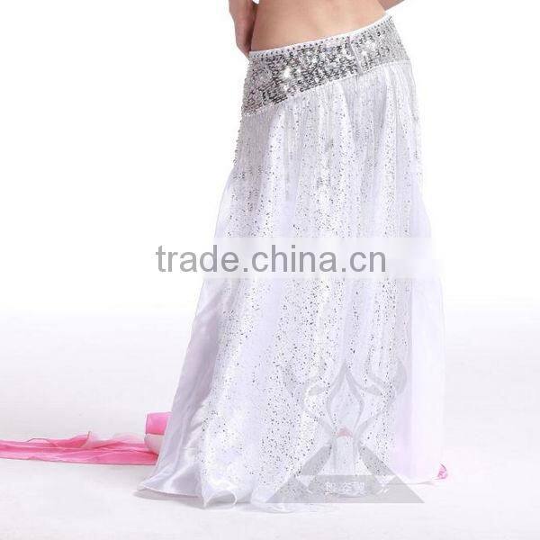Brisk Net Fabric and Satin Belly Dance Skirt Split on Both Lateral , White Belly Dancing Skirt