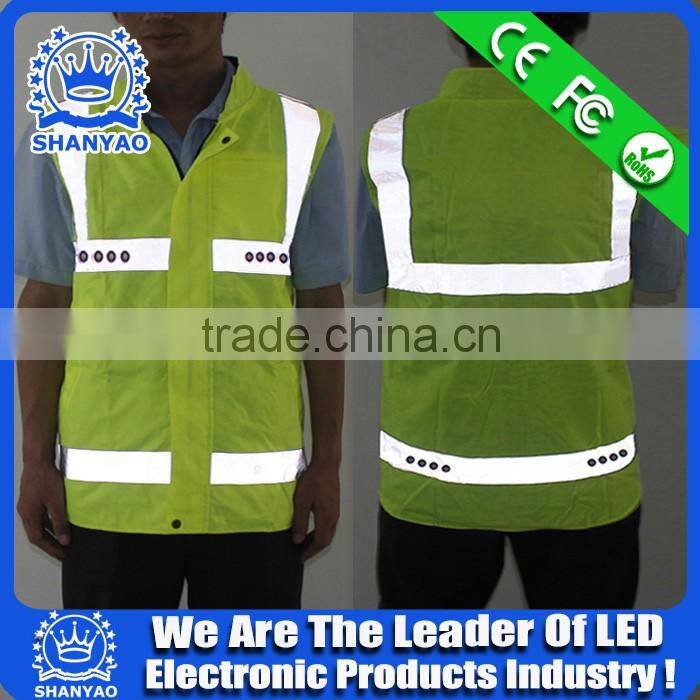 2016 Hot Selling LED Fluorescent Green Refletive Waistcoat For Road Safety At Night