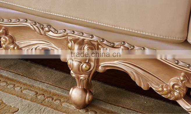 New design luxury solid wood gold painting genuine leather living room sofa set