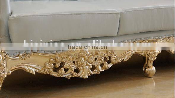 Luxury living furniture wood carving goldfoil light blue genuine leather sofa set