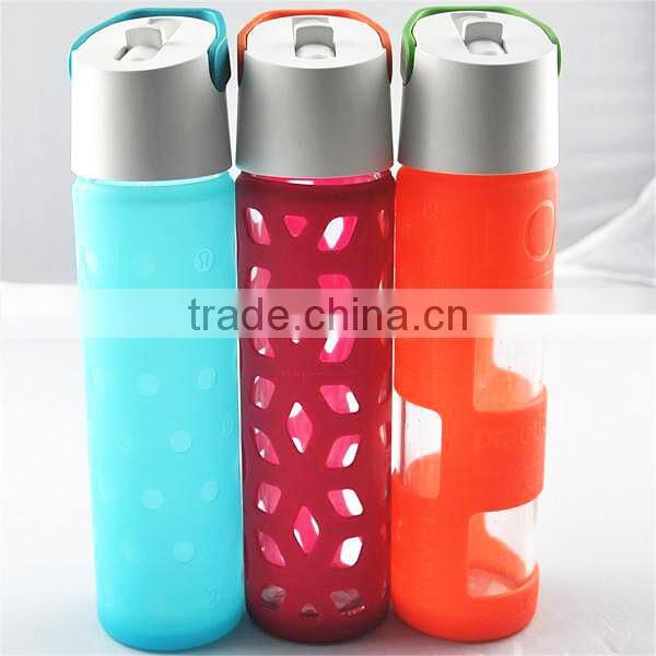 See- through window glass water bottle with silicon gel protective sleeve