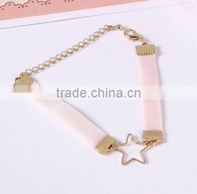 gold hollow star charm silk ribbon bracelet