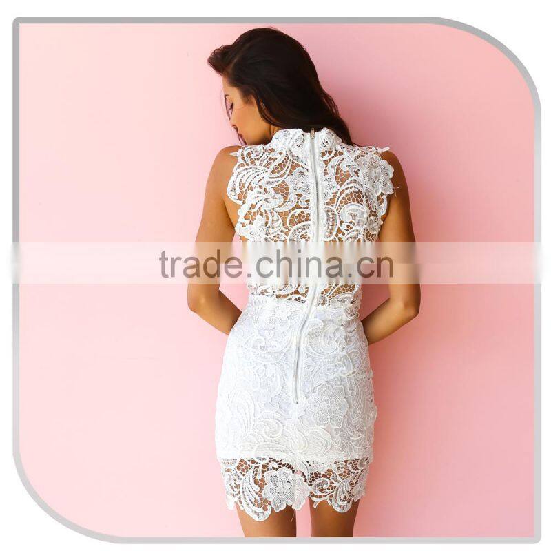 2016 hot selling beautiful lady one piece white crochet summer midi bodycon dress with back zipper