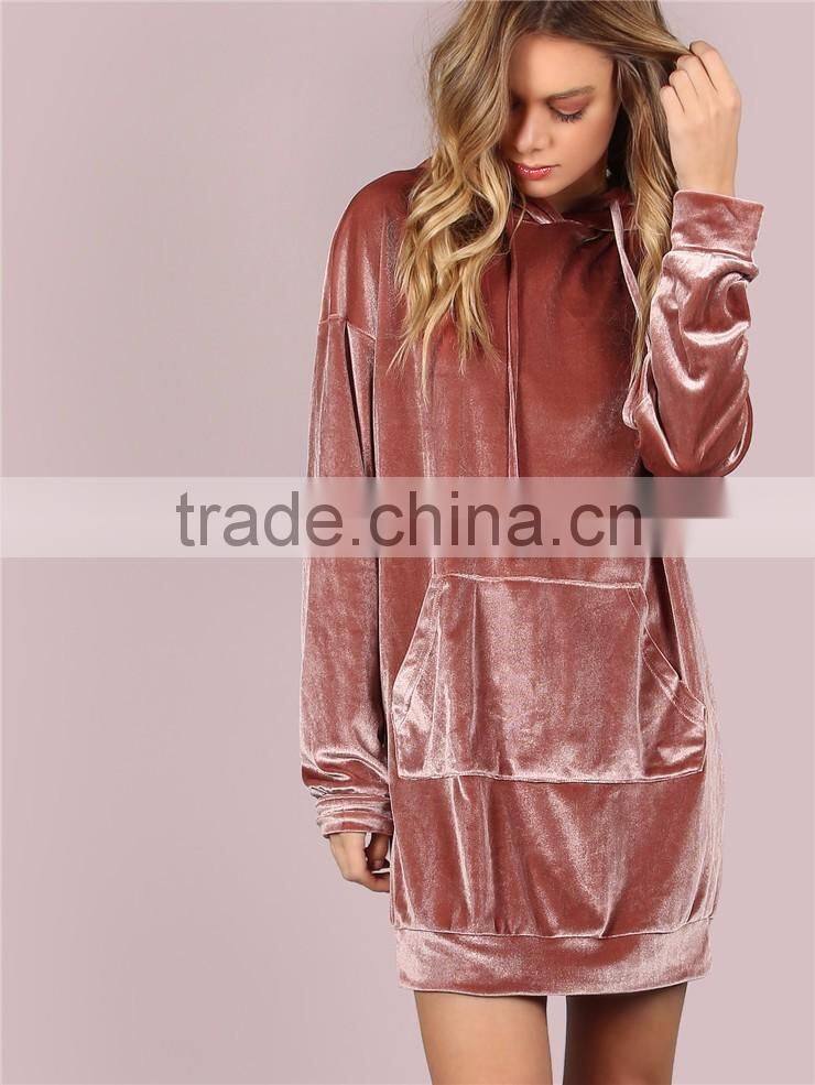 MGOO Oversized Women Longline Pollover With Side Pockets Shiny Drawstring Velvet Hoodie Dress Pink