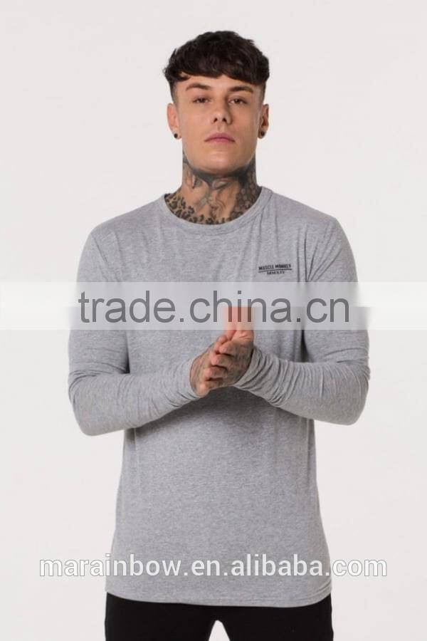 Bulk Wholesale Long Sleeve T Shirt with Thumb hole Soft Grey Blank 95% Cotton 5% Elastane T Shirt for Men