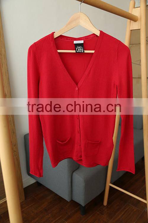 Ribbed maxi cotton and polyester v-neck women cardigan with long sleeves two front pockets for lady korean style