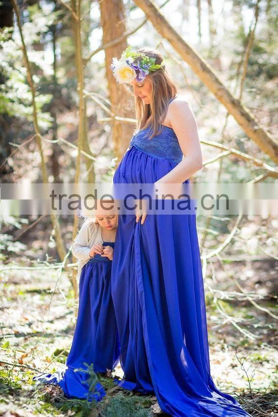 Mommy And Daughter Party Dress Maternity Blue Chiffon Floor Length Gown Dress