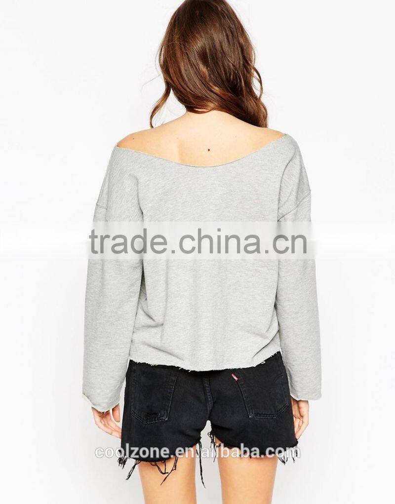 Latest off the shoulder neck raw cut edges women sweatshirt